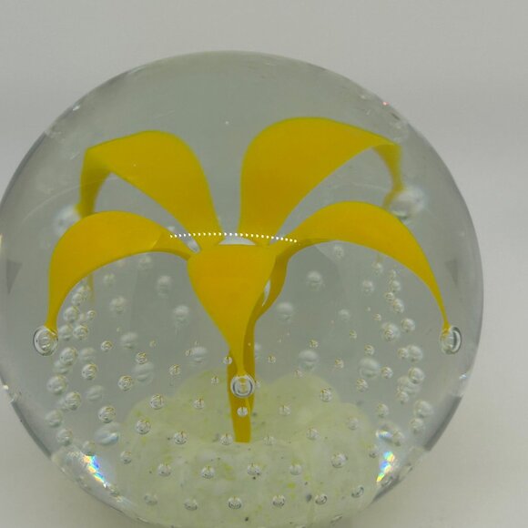 Wheaton Glass Controlled Bubble Paperweight With Yellow Flower Design - Picture 15 of 16